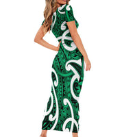 Aotearoa Maori Kowhaiwhai Short Sleeve Bodycon Dress Kakariki Puhoro and Patiki LT9 - Polynesian Pride