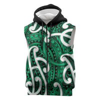 Aotearoa Maori Kowhaiwhai Sleeveless Zip Hoodie Kakariki Puhoro and Patiki LT9 Green - Polynesian Pride