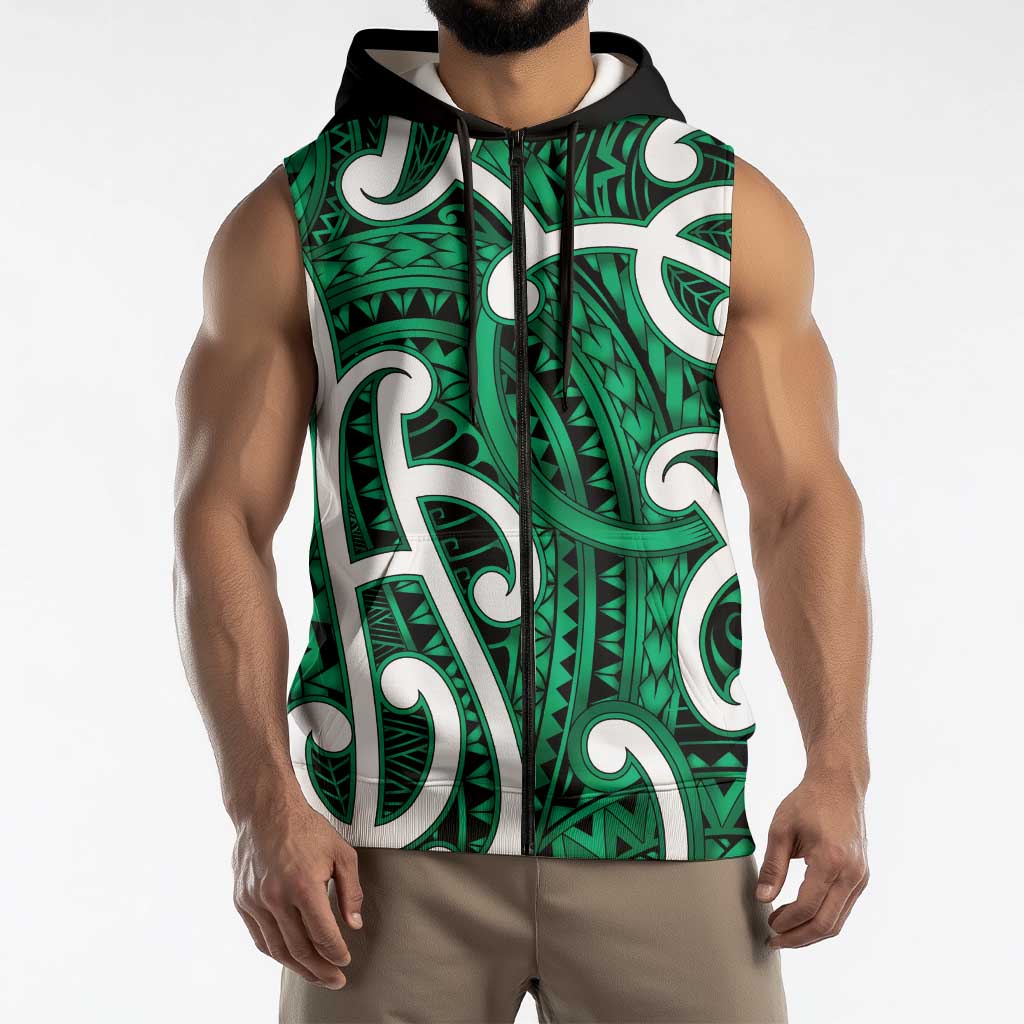 Aotearoa Maori Kowhaiwhai Sleeveless Zip Hoodie Kakariki Puhoro and Patiki LT9 - Polynesian Pride