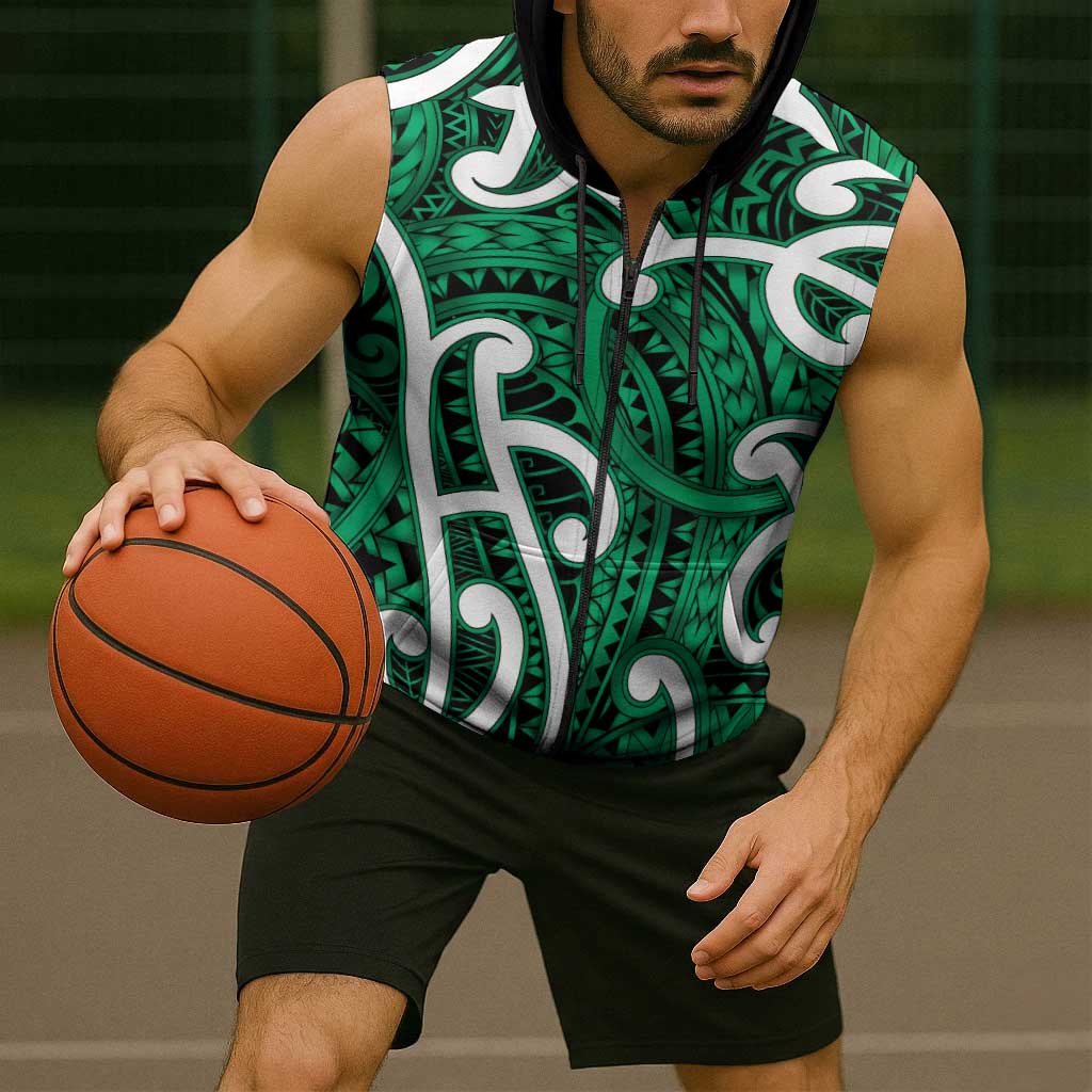 Aotearoa Maori Kowhaiwhai Sleeveless Zip Hoodie Kakariki Puhoro and Patiki LT9 - Polynesian Pride