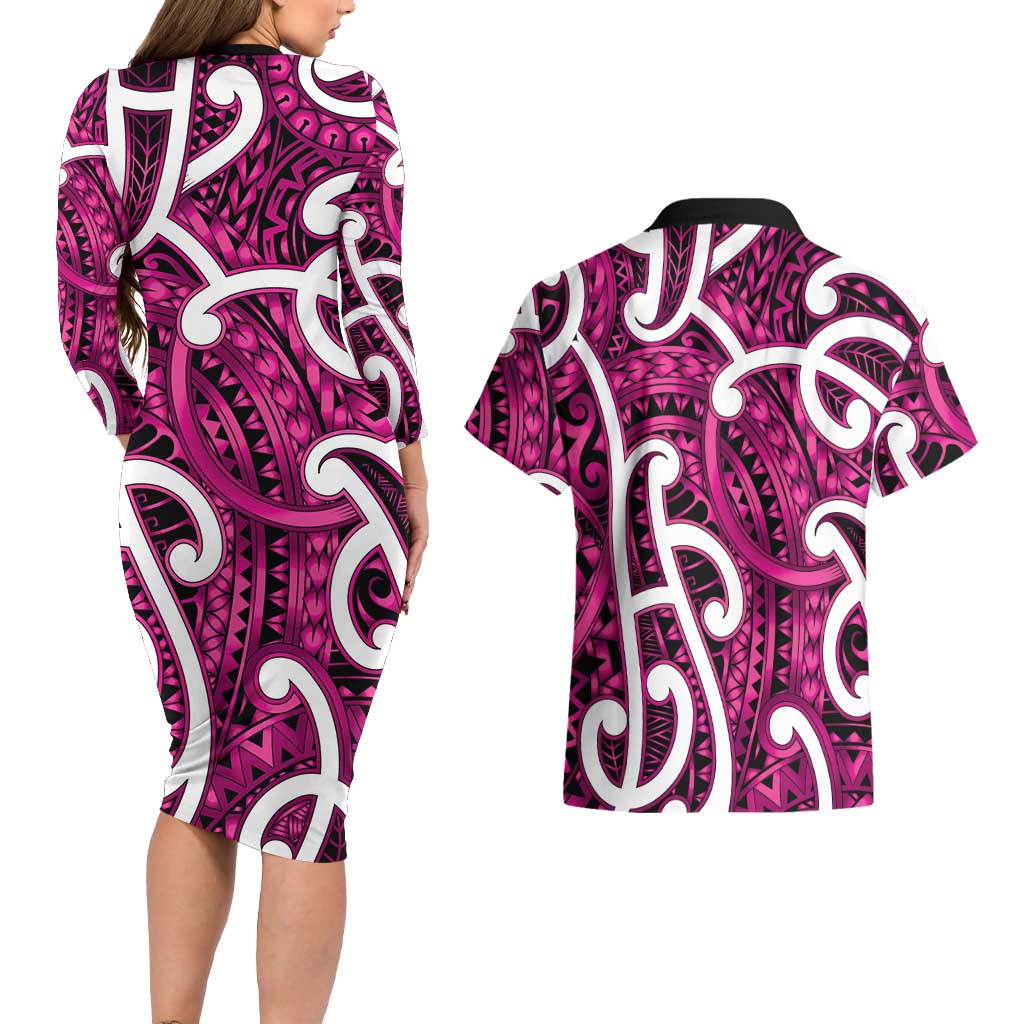Aotearoa Maori Kowhaiwhai Couples Matching Long Sleeve Bodycon Dress and Hawaiian Shirt Mawhero Puhoro and Patiki
