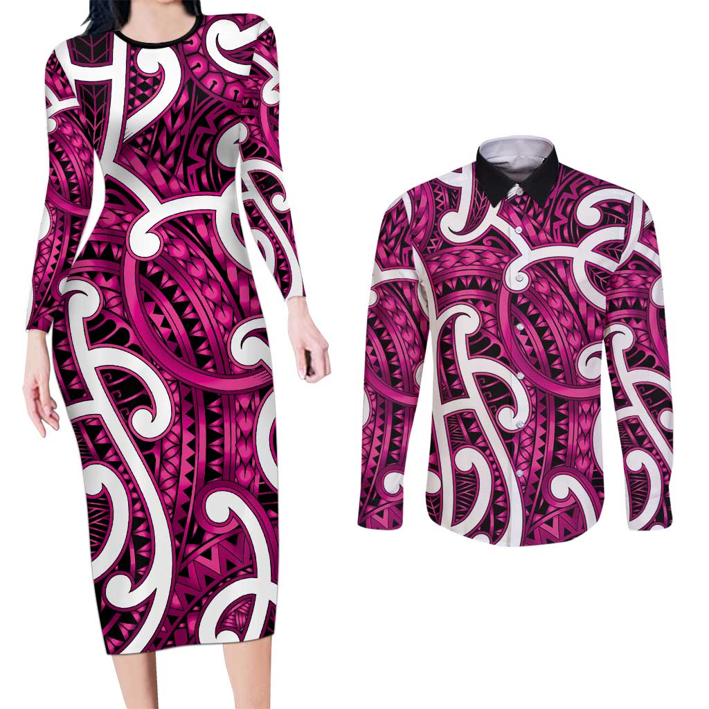 Aotearoa Maori Kowhaiwhai Couples Matching Long Sleeve Bodycon Dress and Long Sleeve Button Shirt Mawhero Puhoro and Patiki