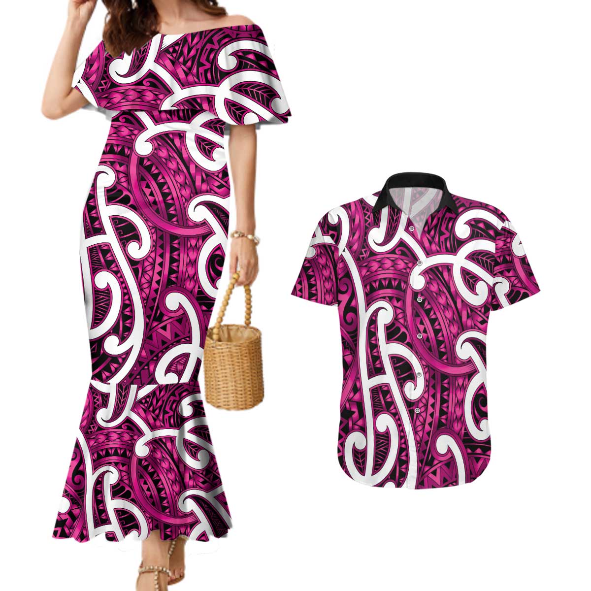 Aotearoa Maori Kowhaiwhai Couples Matching Mermaid Dress and Hawaiian Shirt Mawhero Puhoro and Patiki