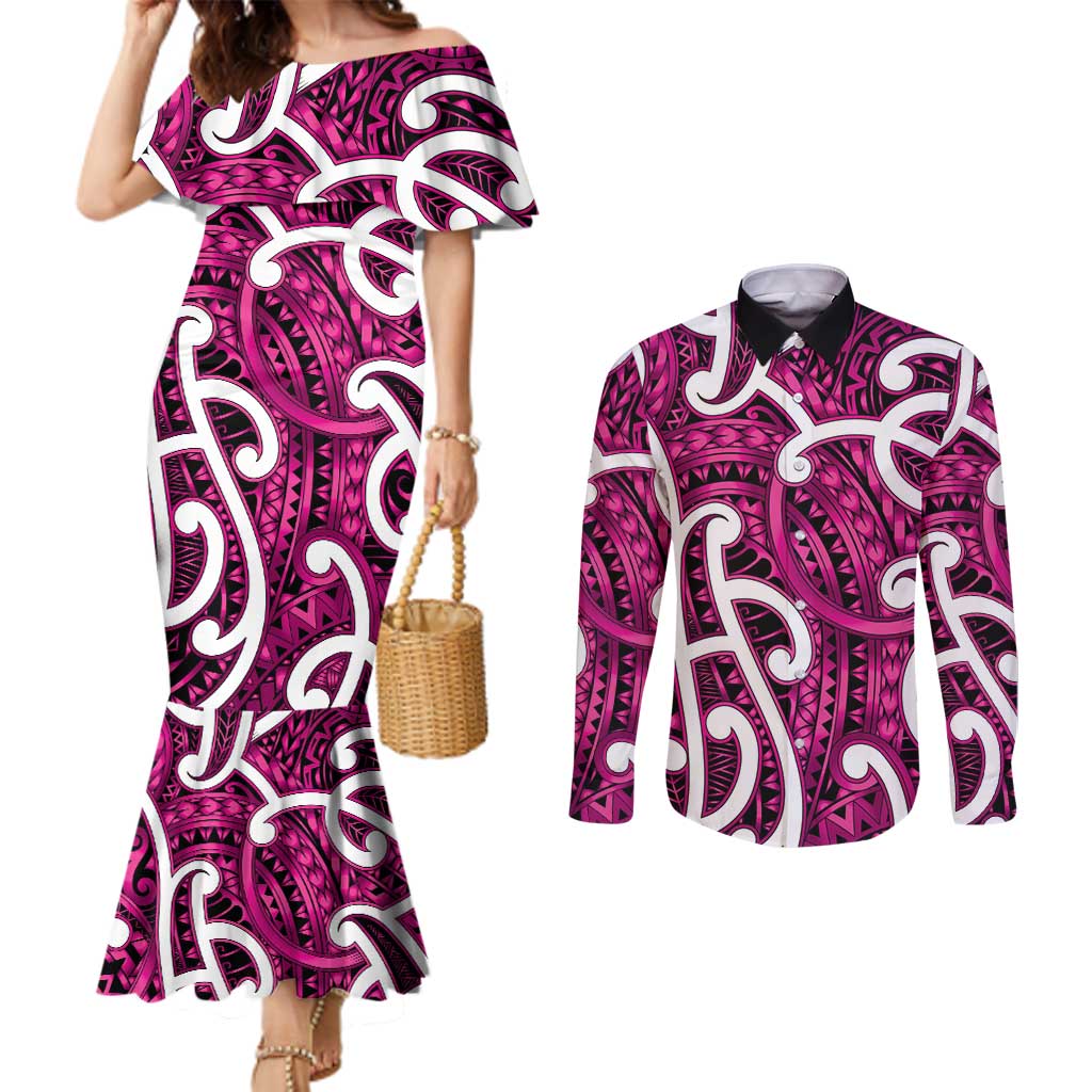Aotearoa Maori Kowhaiwhai Couples Matching Mermaid Dress and Long Sleeve Button Shirt Mawhero Puhoro and Patiki