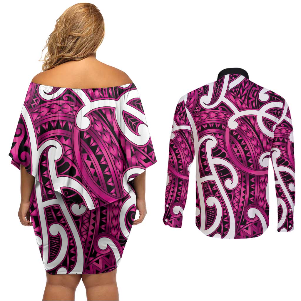 Aotearoa Maori Kowhaiwhai Couples Matching Off Shoulder Short Dress and Long Sleeve Button Shirt Mawhero Puhoro and Patiki