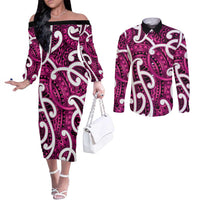 Aotearoa Maori Kowhaiwhai Couples Matching Off The Shoulder Long Sleeve Dress and Long Sleeve Button Shirt Mawhero Puhoro and Patiki