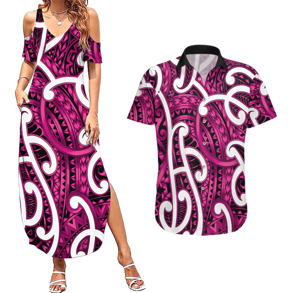Aotearoa Maori Kowhaiwhai Couples Matching Summer Maxi Dress and Hawaiian Shirt Mawhero Puhoro and Patiki