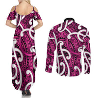 Aotearoa Maori Kowhaiwhai Couples Matching Summer Maxi Dress and Long Sleeve Button Shirt Mawhero Puhoro and Patiki