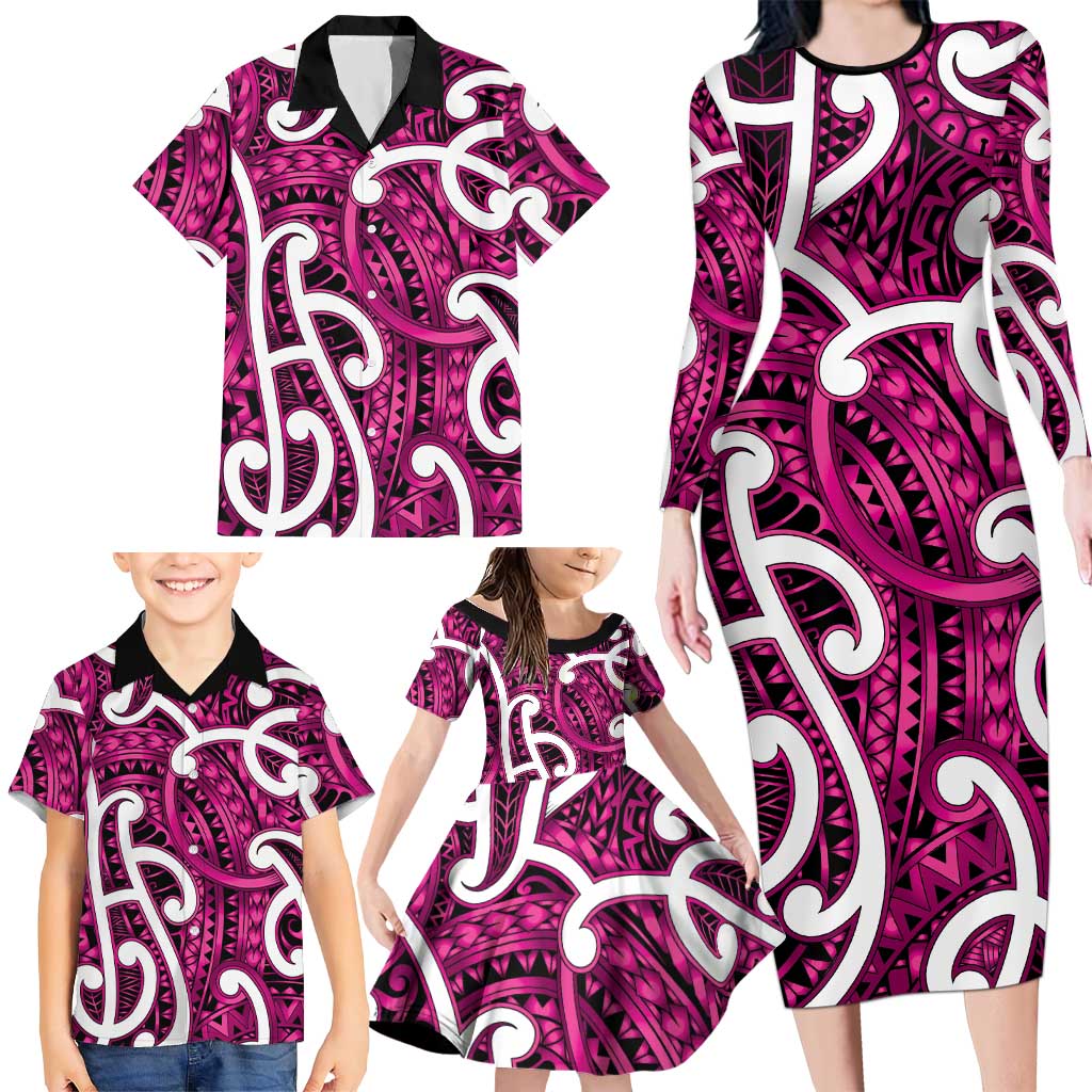 Aotearoa Maori Kowhaiwhai Family Matching Long Sleeve Bodycon Dress and Hawaiian Shirt Mawhero Puhoro and Patiki