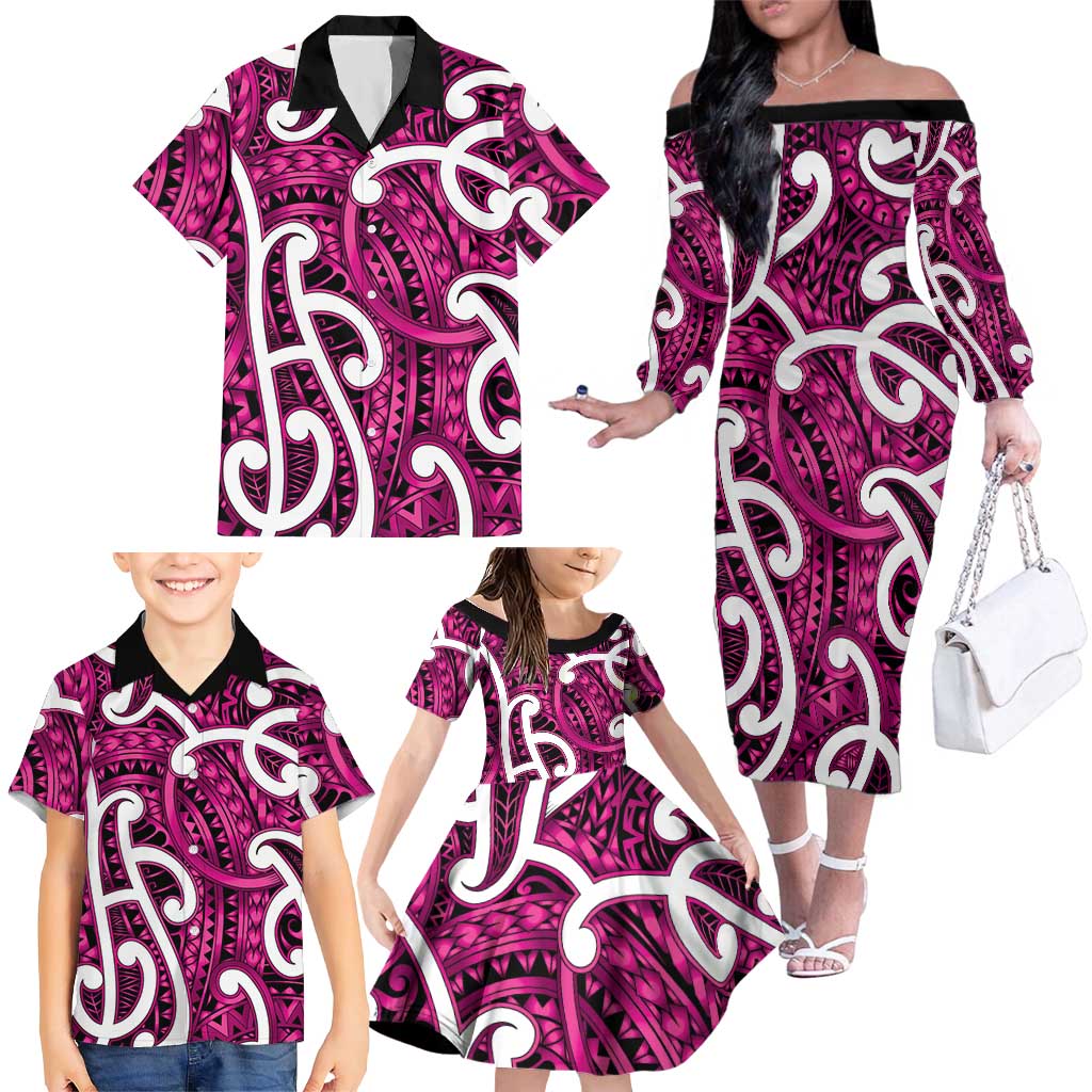 Aotearoa Maori Kowhaiwhai Family Matching Off The Shoulder Long Sleeve Dress and Hawaiian Shirt Mawhero Puhoro and Patiki