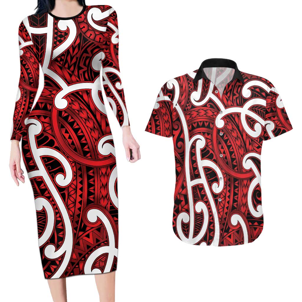 Aotearoa Maori Kowhaiwhai Couples Matching Long Sleeve Bodycon Dress and Hawaiian Shirt Whero Puhoro and Patiki LT9 Red - Polynesian Pride