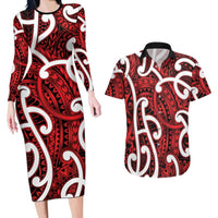 Aotearoa Maori Kowhaiwhai Couples Matching Long Sleeve Bodycon Dress and Hawaiian Shirt Whero Puhoro and Patiki LT9 Red - Polynesian Pride