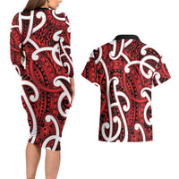 Aotearoa Maori Kowhaiwhai Couples Matching Long Sleeve Bodycon Dress and Hawaiian Shirt Whero Puhoro and Patiki LT9 - Polynesian Pride