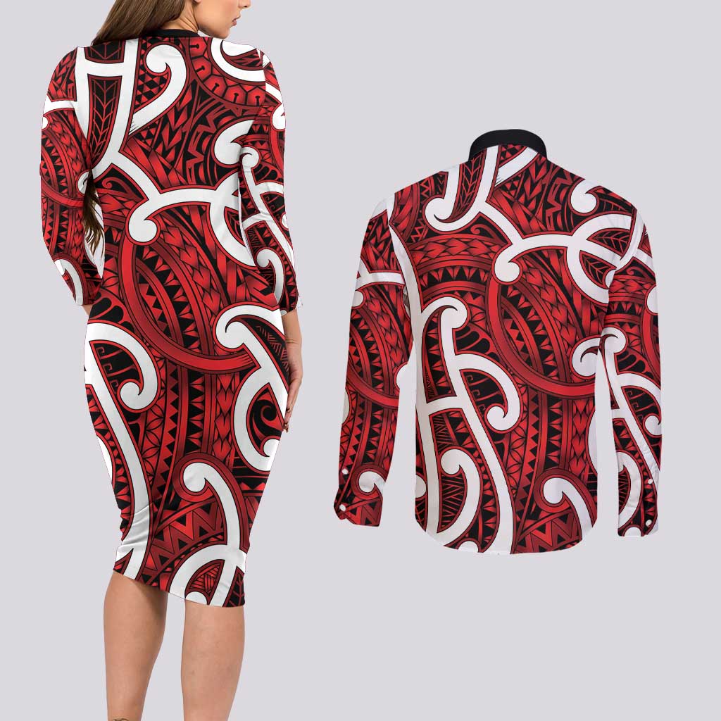 Aotearoa Maori Kowhaiwhai Couples Matching Long Sleeve Bodycon Dress and Long Sleeve Button Shirt Whero Puhoro and Patiki