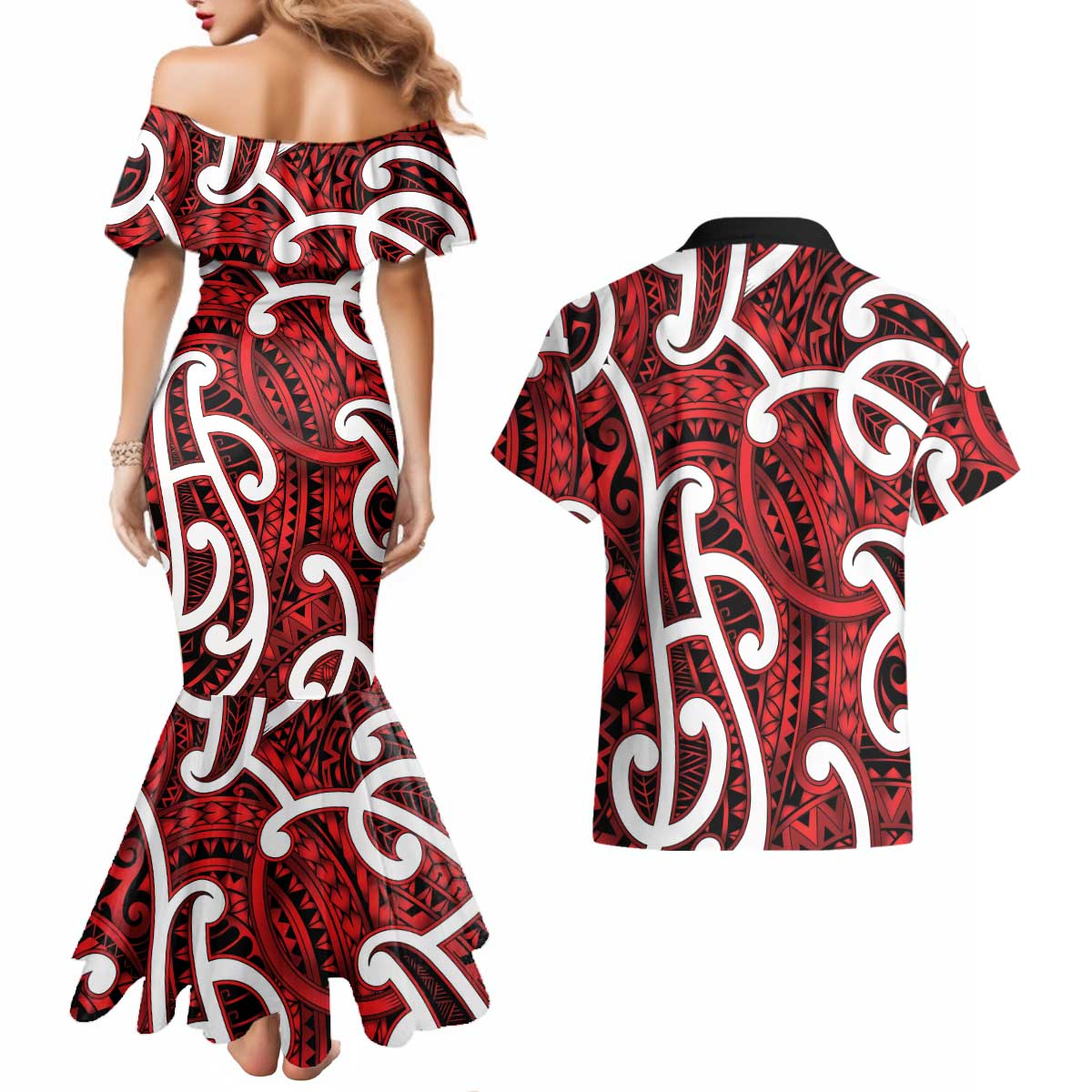 Aotearoa Maori Kowhaiwhai Couples Matching Mermaid Dress and Hawaiian Shirt Whero Puhoro and Patiki