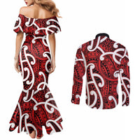 Aotearoa Maori Kowhaiwhai Couples Matching Mermaid Dress and Long Sleeve Button Shirt Whero Puhoro and Patiki