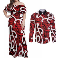 Aotearoa Maori Kowhaiwhai Couples Matching Off Shoulder Maxi Dress and Long Sleeve Button Shirt Whero Puhoro and Patiki LT9 Red - Polynesian Pride
