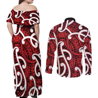 Aotearoa Maori Kowhaiwhai Couples Matching Off Shoulder Maxi Dress and Long Sleeve Button Shirt Whero Puhoro and Patiki LT9 - Polynesian Pride