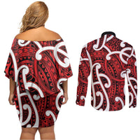 Aotearoa Maori Kowhaiwhai Couples Matching Off Shoulder Short Dress and Long Sleeve Button Shirt Whero Puhoro and Patiki