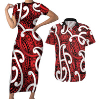 Aotearoa Maori Kowhaiwhai Couples Matching Short Sleeve Bodycon Dress and Hawaiian Shirt Whero Puhoro and Patiki LT9 Red - Polynesian Pride