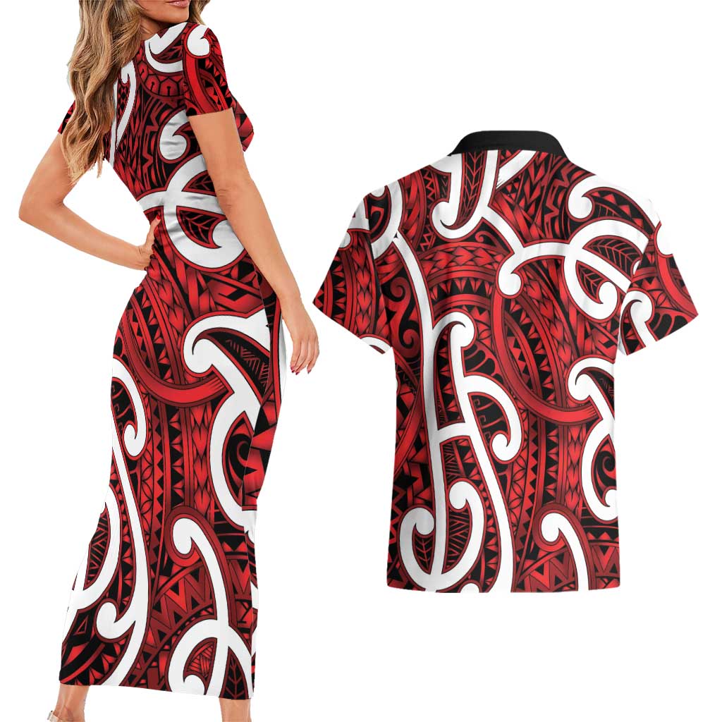 Aotearoa Maori Kowhaiwhai Couples Matching Short Sleeve Bodycon Dress and Hawaiian Shirt Whero Puhoro and Patiki LT9 - Polynesian Pride