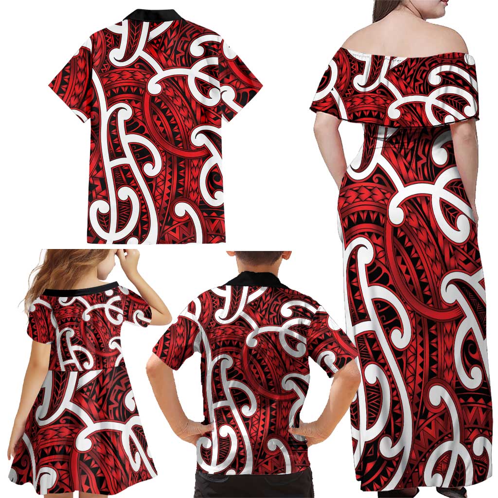 Aotearoa Maori Kowhaiwhai Family Matching Off Shoulder Maxi Dress and Hawaiian Shirt Whero Puhoro and Patiki