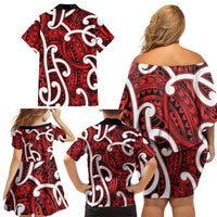 Aotearoa Maori Kowhaiwhai Family Matching Off Shoulder Short Dress and Hawaiian Shirt Whero Puhoro and Patiki