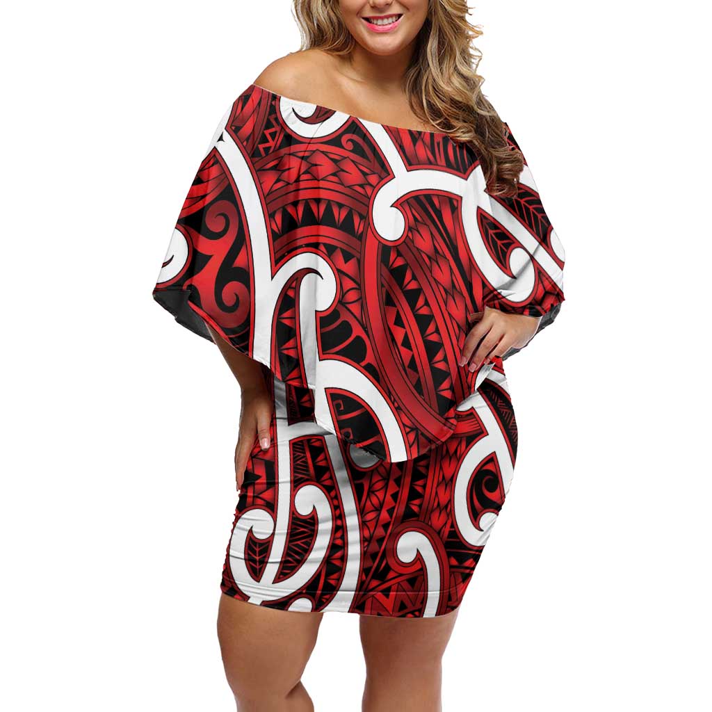 Aotearoa Maori Kowhaiwhai Family Matching Off Shoulder Short Dress and Hawaiian Shirt Whero Puhoro and Patiki