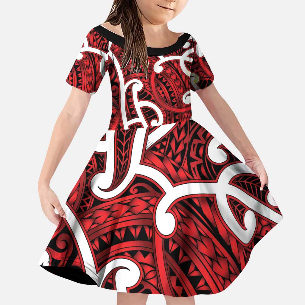 Aotearoa Maori Kowhaiwhai Family Matching Short Sleeve Bodycon Dress and Hawaiian Shirt Whero Puhoro and Patiki LT9 Daughter's Dress Red - Polynesian Pride
