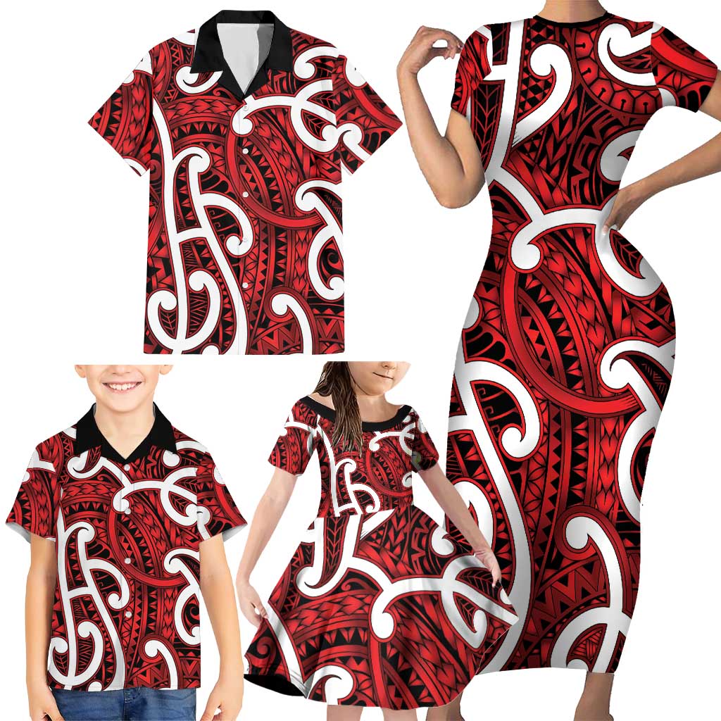 Aotearoa Maori Kowhaiwhai Family Matching Short Sleeve Bodycon Dress and Hawaiian Shirt Whero Puhoro and Patiki LT9 - Polynesian Pride
