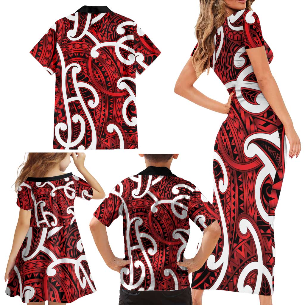 Aotearoa Maori Kowhaiwhai Family Matching Short Sleeve Bodycon Dress and Hawaiian Shirt Whero Puhoro and Patiki LT9 - Polynesian Pride
