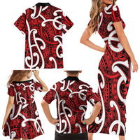 Aotearoa Maori Kowhaiwhai Family Matching Short Sleeve Bodycon Dress and Hawaiian Shirt Whero Puhoro and Patiki LT9 - Polynesian Pride