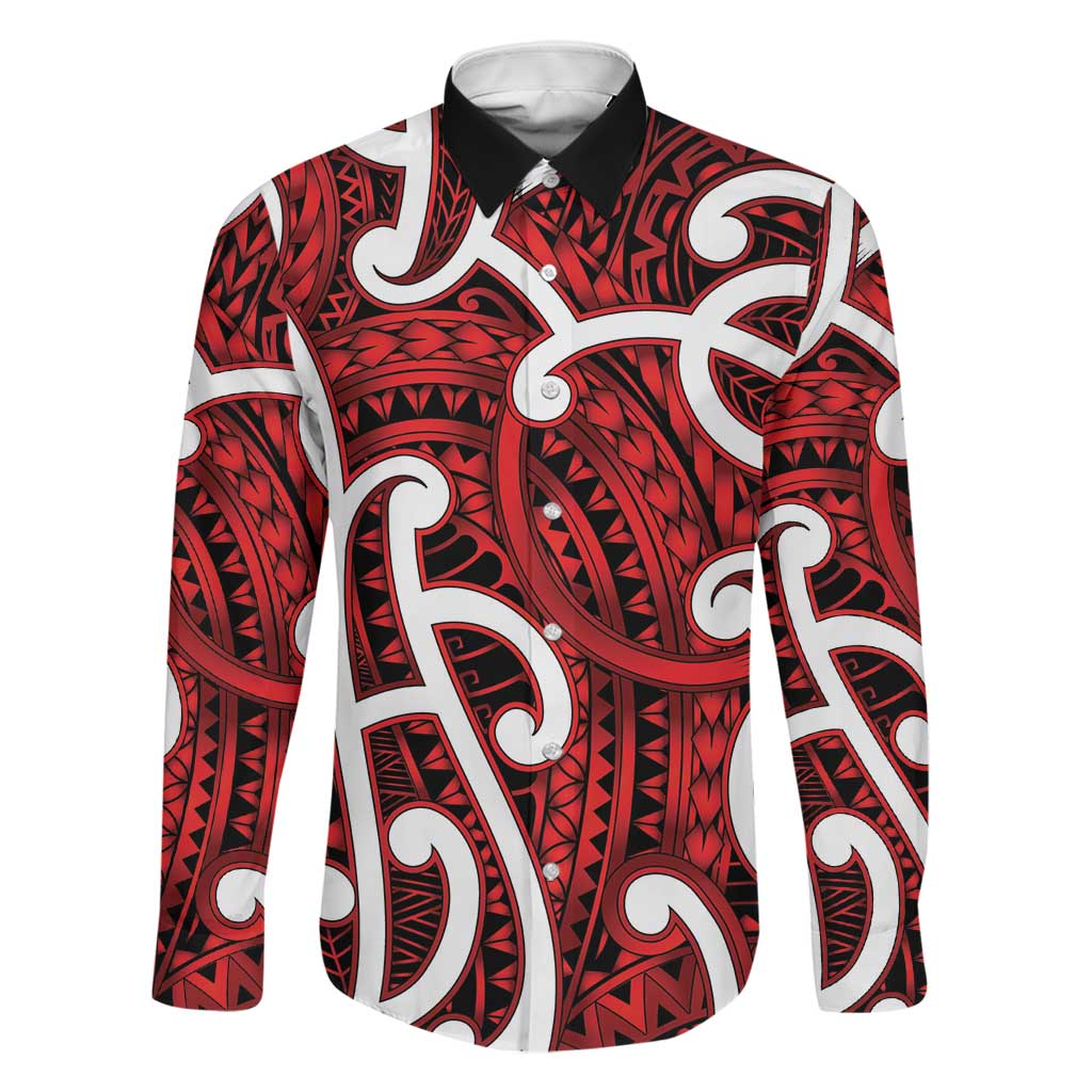 Aotearoa Maori Kowhaiwhai Family Matching Short Sleeve Bodycon Dress and Hawaiian Shirt Whero Puhoro and Patiki LT9 Dad's Shirt - Long Sleeve Red - Polynesian Pride
