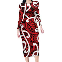 Aotearoa Maori Kowhaiwhai Long Sleeve Bodycon Dress Whero Puhoro and Patiki LT9 Long Dress Red - Polynesian Pride