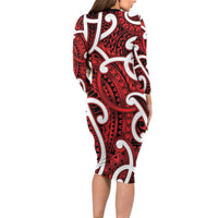 Aotearoa Maori Kowhaiwhai Long Sleeve Bodycon Dress Whero Puhoro and Patiki LT9 - Polynesian Pride