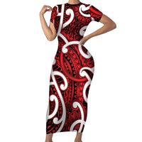 Aotearoa Maori Kowhaiwhai Short Sleeve Bodycon Dress Whero Puhoro and Patiki LT9 Long Dress Red - Polynesian Pride