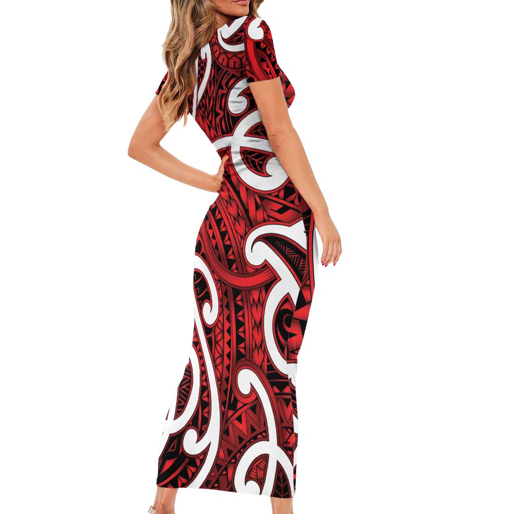 Aotearoa Maori Kowhaiwhai Short Sleeve Bodycon Dress Whero Puhoro and Patiki LT9 - Polynesian Pride