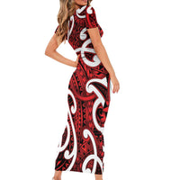 Aotearoa Maori Kowhaiwhai Short Sleeve Bodycon Dress Whero Puhoro and Patiki LT9 - Polynesian Pride