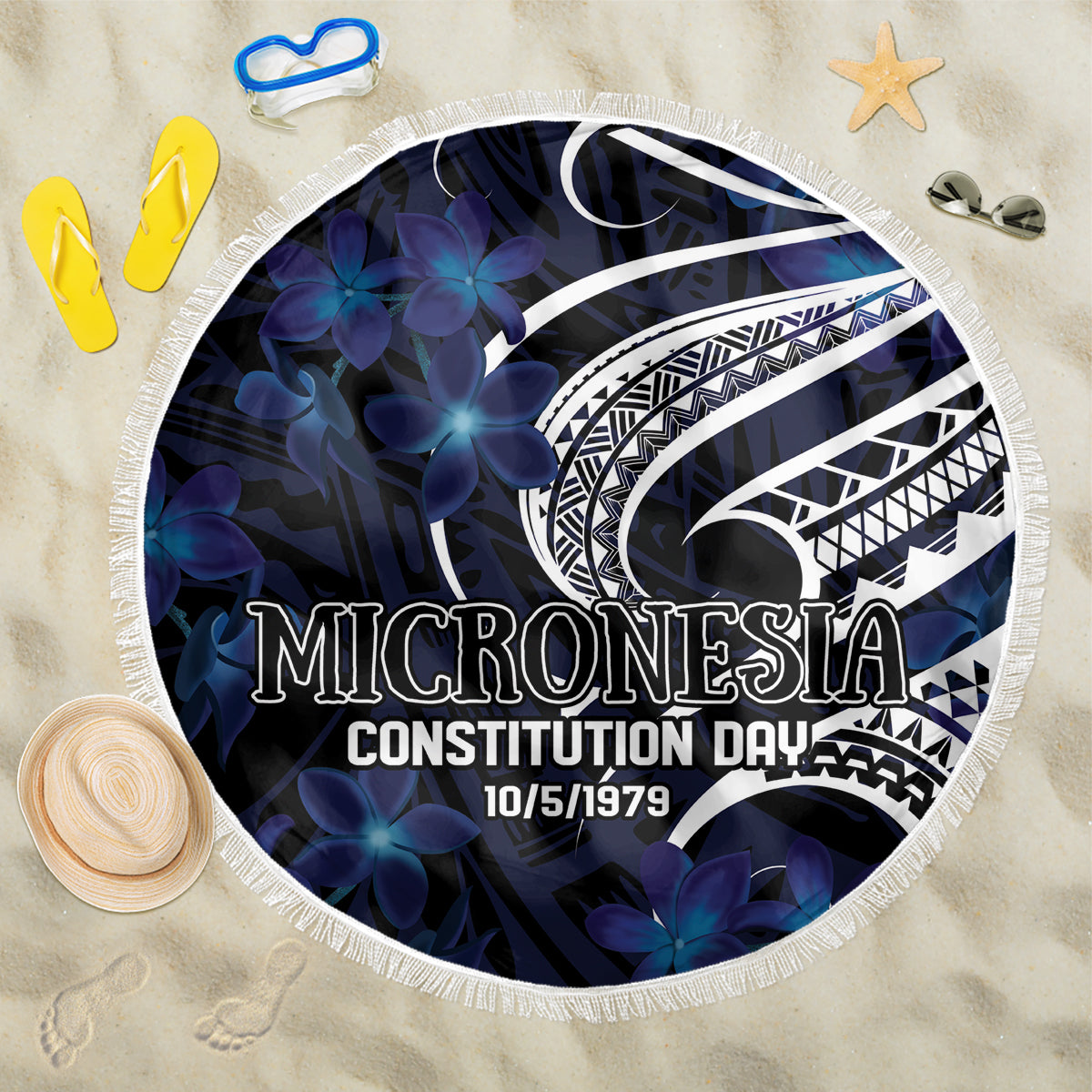 Micronesia Constitution Day Beach Blanket Since 1979 with Polynesian Hibiscus Pattern