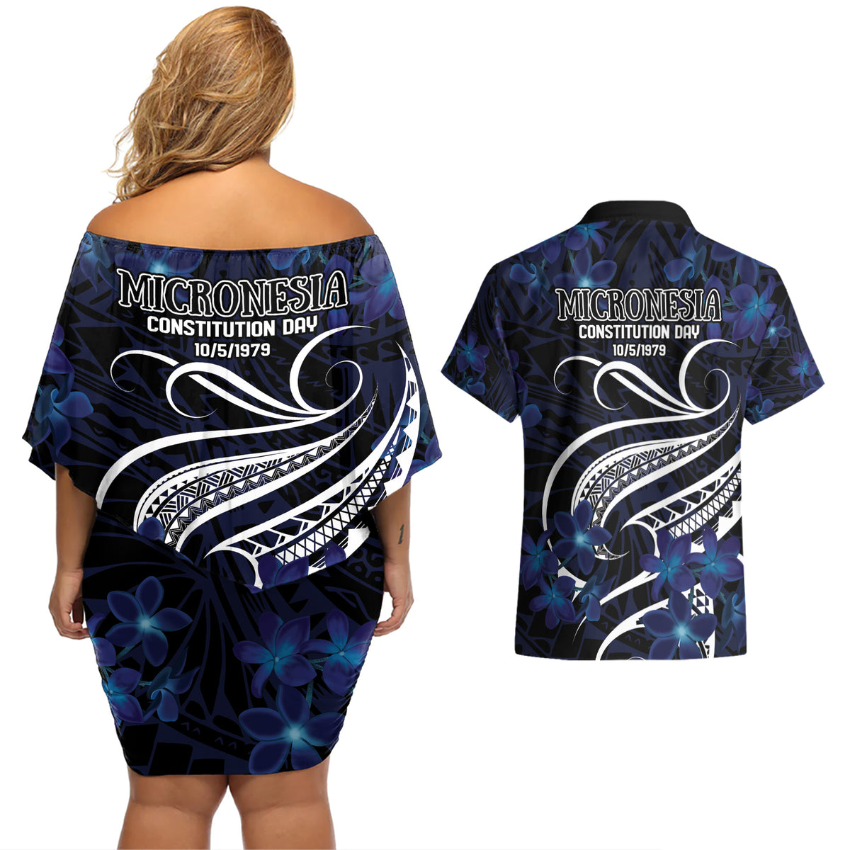 Micronesia Constitution Day Couples Matching Off Shoulder Short Dress and Hawaiian Shirt Since 1979 with Polynesian Hibiscus Pattern