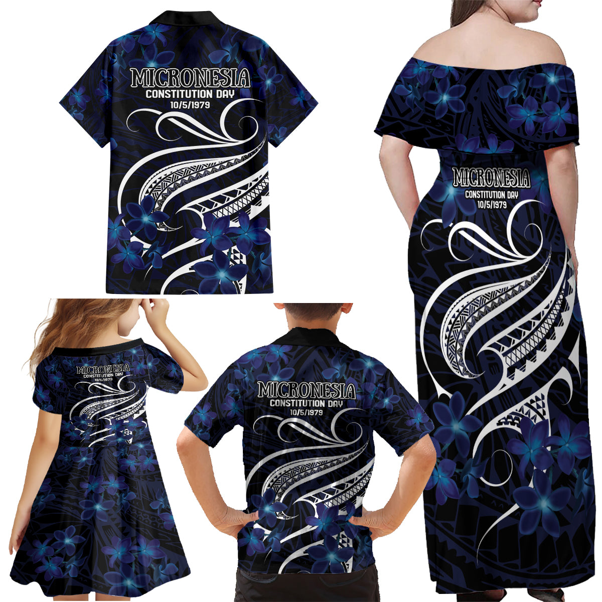 Micronesia Constitution Day Family Matching Off Shoulder Maxi Dress and Hawaiian Shirt Since 1979 with Polynesian Hibiscus Pattern