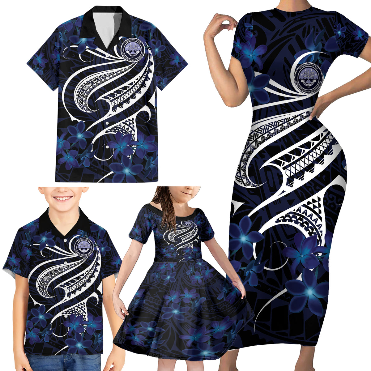 Micronesia Constitution Day Family Matching Short Sleeve Bodycon Dress and Hawaiian Shirt Since 1979 with Polynesian Hibiscus Pattern