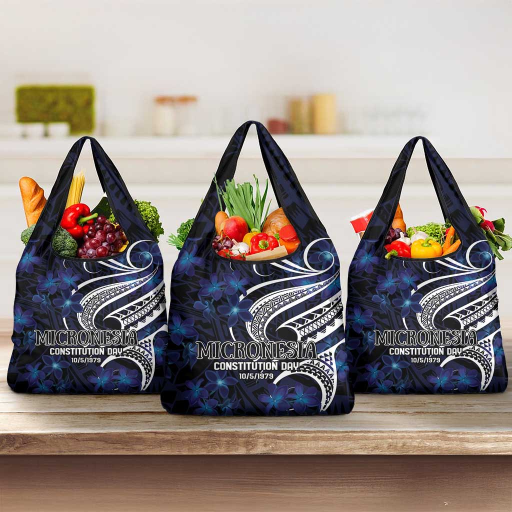 Micronesia Constitution Day Grocery Bag Since 1979 with Polynesian Hibiscus Pattern
