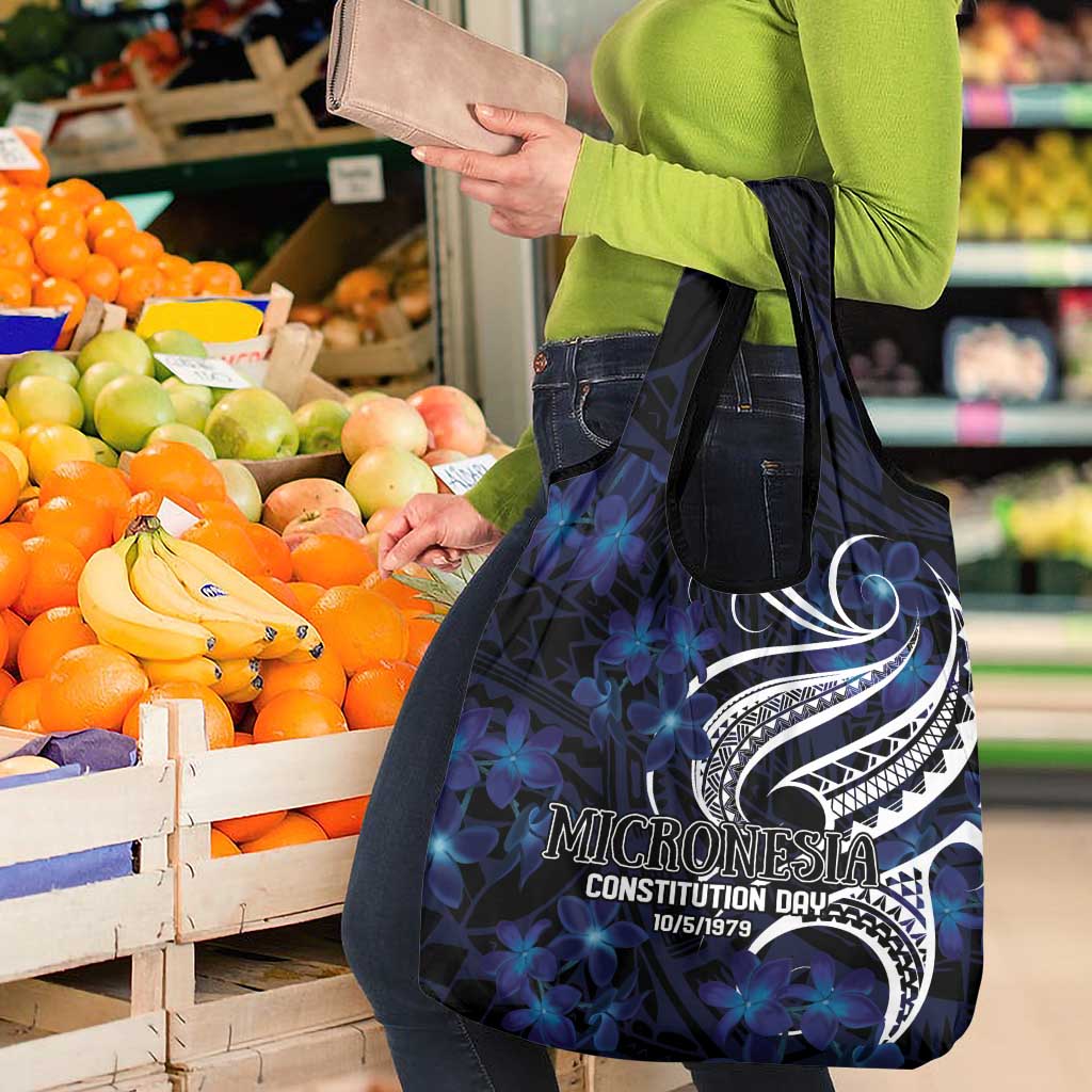 Micronesia Constitution Day Grocery Bag Since 1979 with Polynesian Hibiscus Pattern