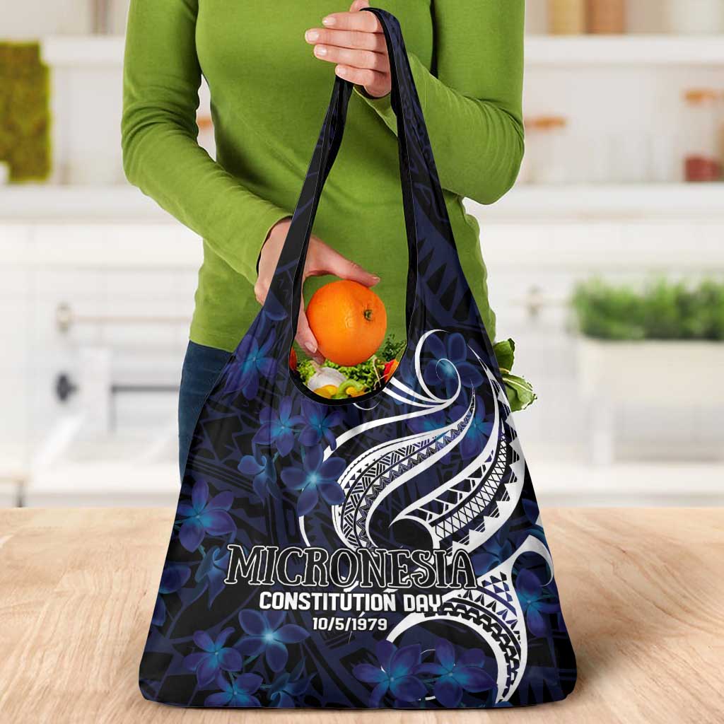 Micronesia Constitution Day Grocery Bag Since 1979 with Polynesian Hibiscus Pattern