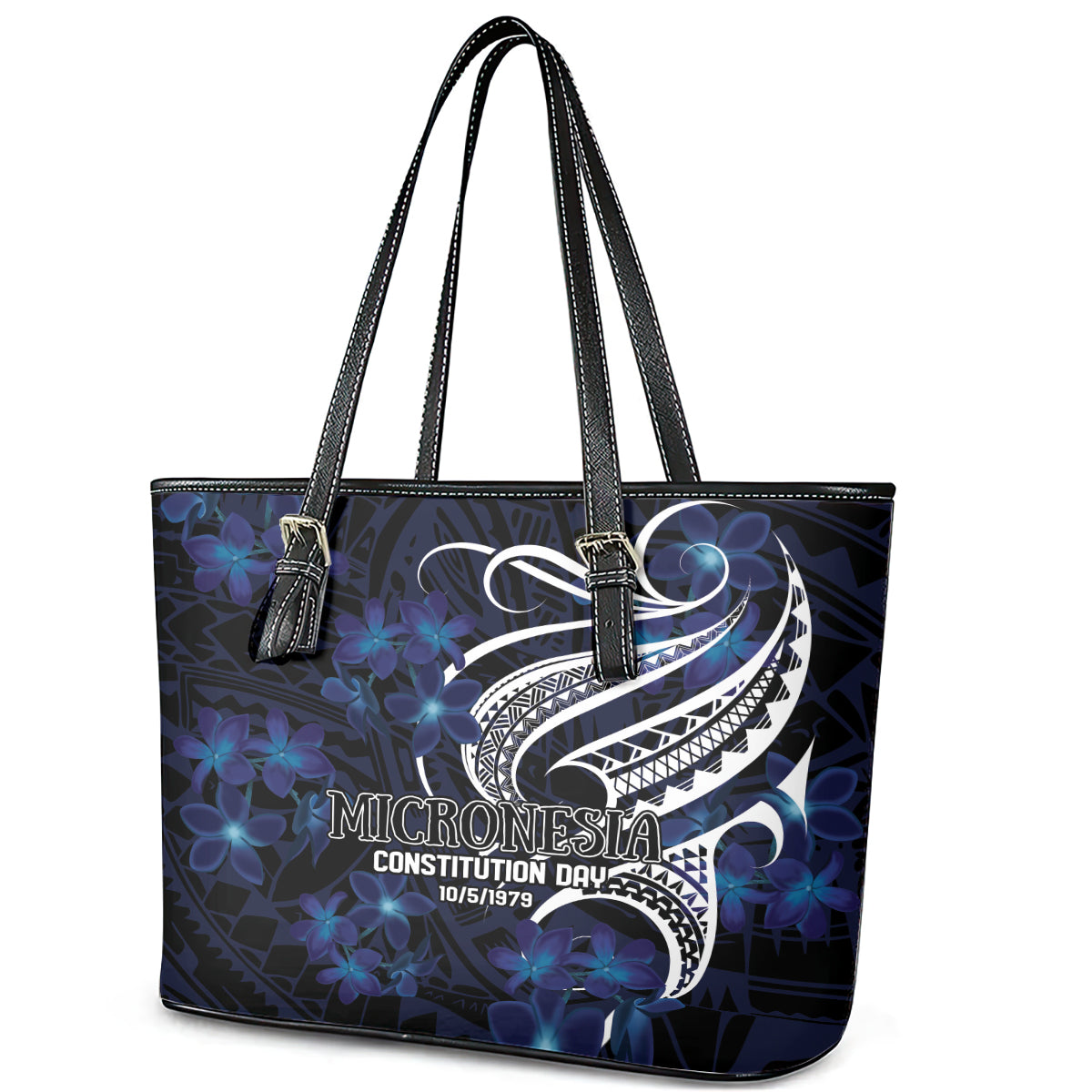 Micronesia Constitution Day Leather Tote Bag Since 1979 with Polynesian Hibiscus Pattern