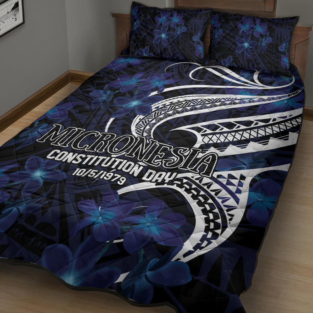 Micronesia Constitution Day Quilt Bed Set Since 1979 with Polynesian Hibiscus Pattern