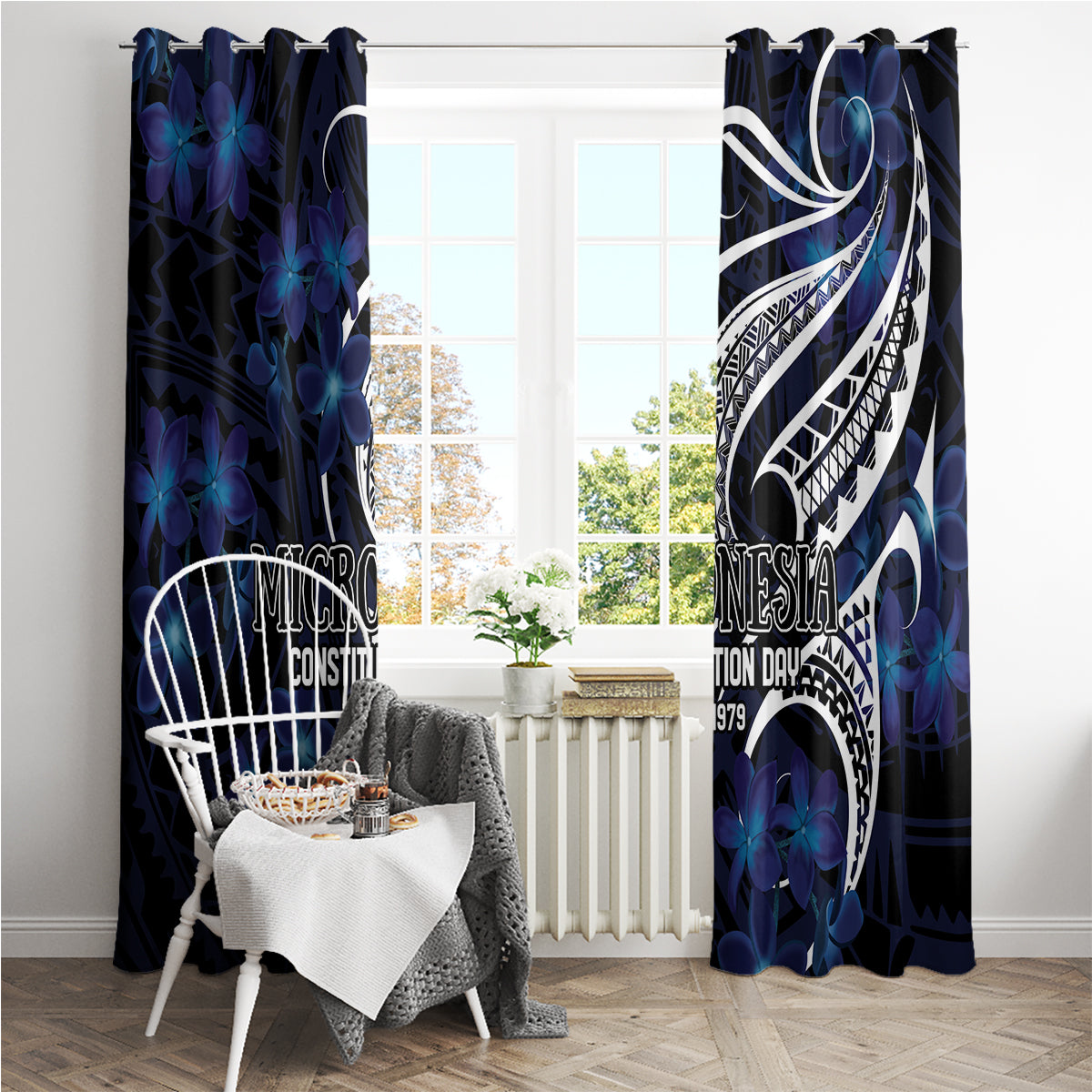 Micronesia Constitution Day Window Curtain Since 1979 with Polynesian Hibiscus Pattern