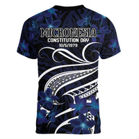 Micronesia Constitution Day Women V Neck T Shirt Since 1979 with Polynesian Hibiscus Pattern