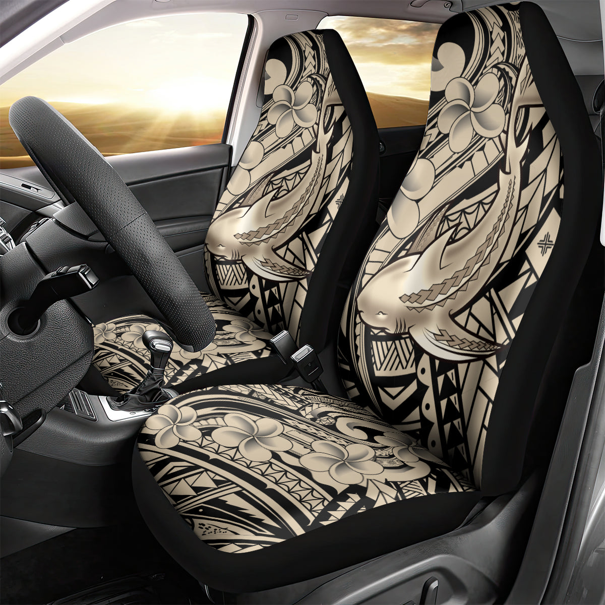 Polynesian Shark Tribal Tattoo Car Seat Cover Beige Style